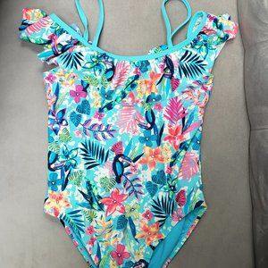 Wonder Nation Girls One Piece Swim Suit   Tropical Blue  Size L 10/12